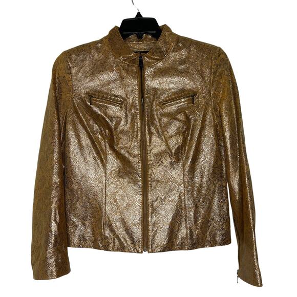 VS Vakko Gold Metallic Leather Jacket Women's Size 12 Shimmer Moto Style Snake - Picture 1 of 8